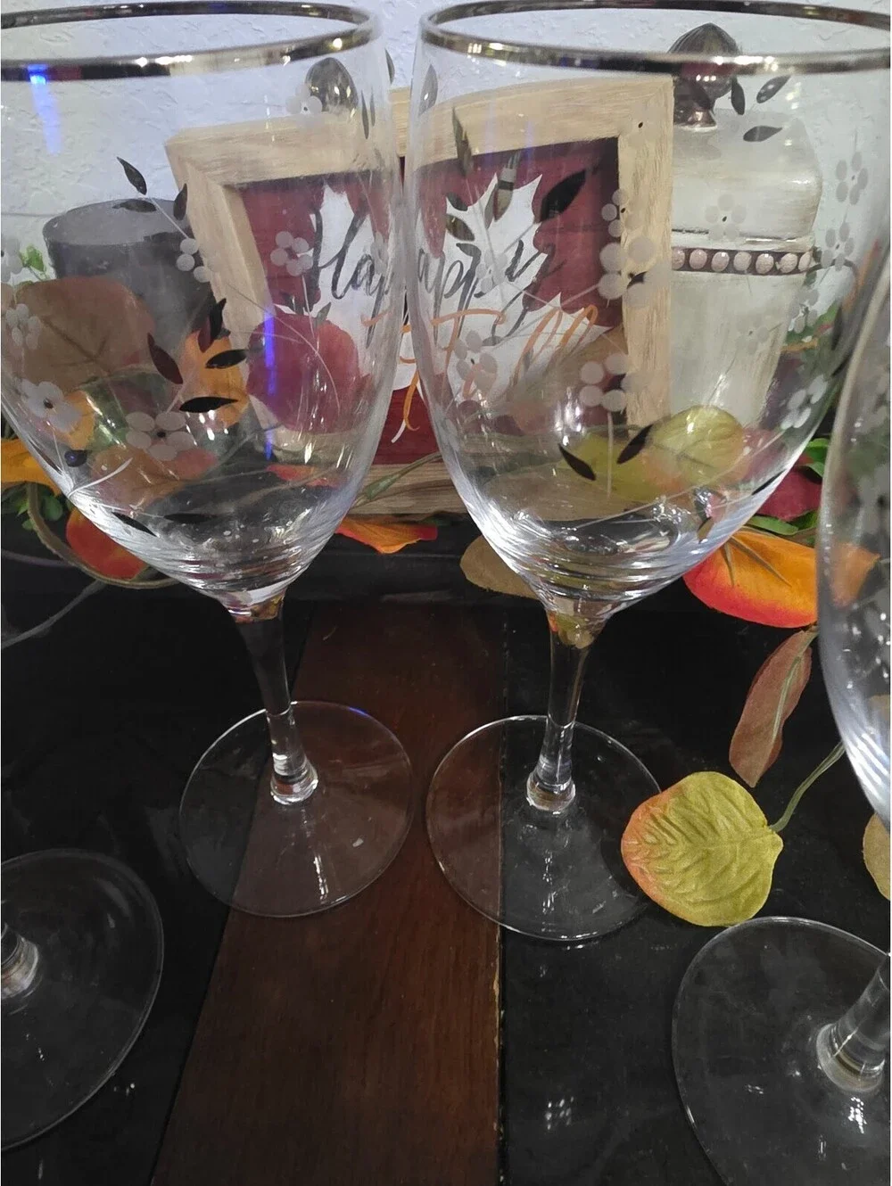 Vintage Black White Floral Silver Rim Wine Glasses Set of 4